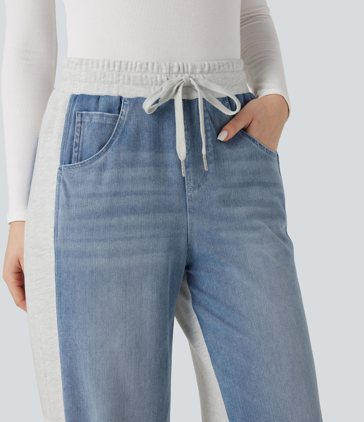 High-waisted Drawstring Color Block Casual Wide-leg Jogger Jeans with Pockets — Powder Blue Denim — view 4