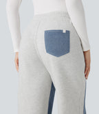 High-waisted Drawstring Color Block Casual Wide-leg Jogger Jeans with Pockets — Powder Blue Denim — view 5