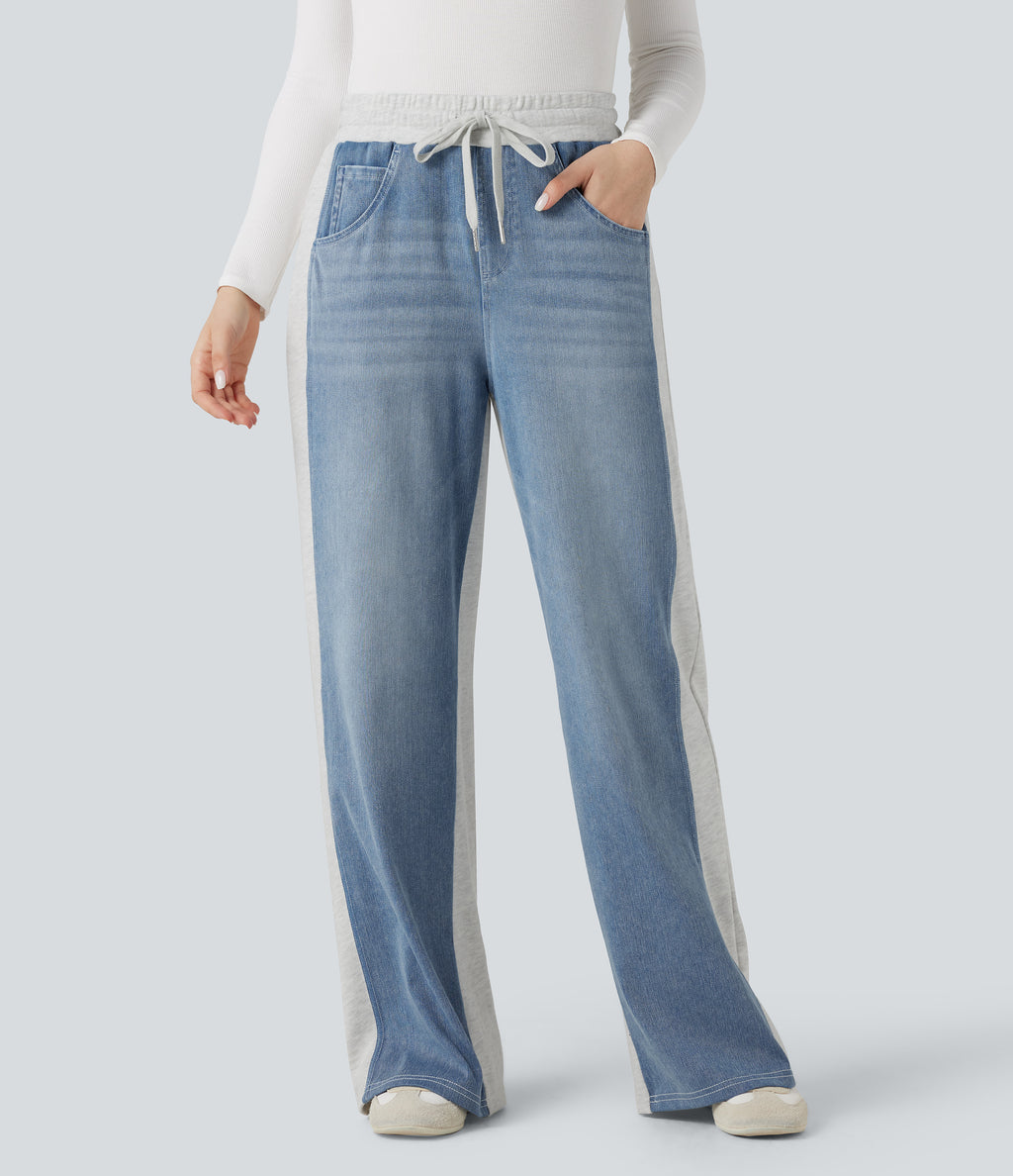 High-waisted Drawstring Color Block Casual Wide-leg Jogger Jeans with Pockets — Powder Blue Denim — view 3
