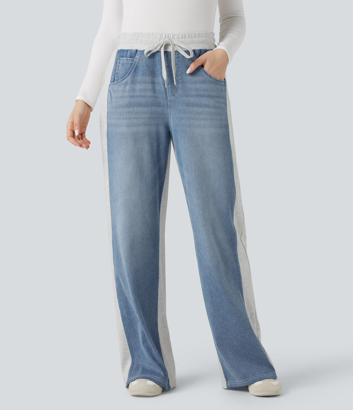 High-waisted Drawstring Color Block Casual Wide-leg Jogger Jeans with Pockets — Powder Blue Denim — view 3
