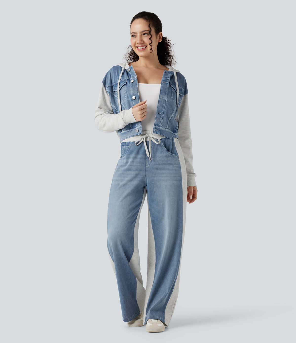 High-waisted Drawstring Color Block Casual Wide-leg Jogger Jeans with Pockets — Powder Blue Denim — view 6