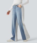 High-waisted Drawstring Color Block Casual Wide-leg Jogger Jeans with Pockets — Powder Blue Denim — view 1