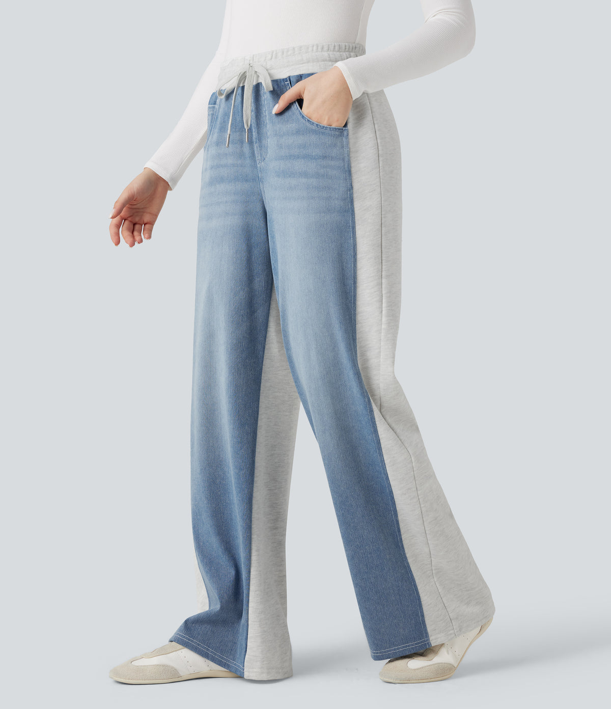High-waisted Drawstring Color Block Casual Wide-leg Jogger Jeans with Pockets — Powder Blue Denim — view 1