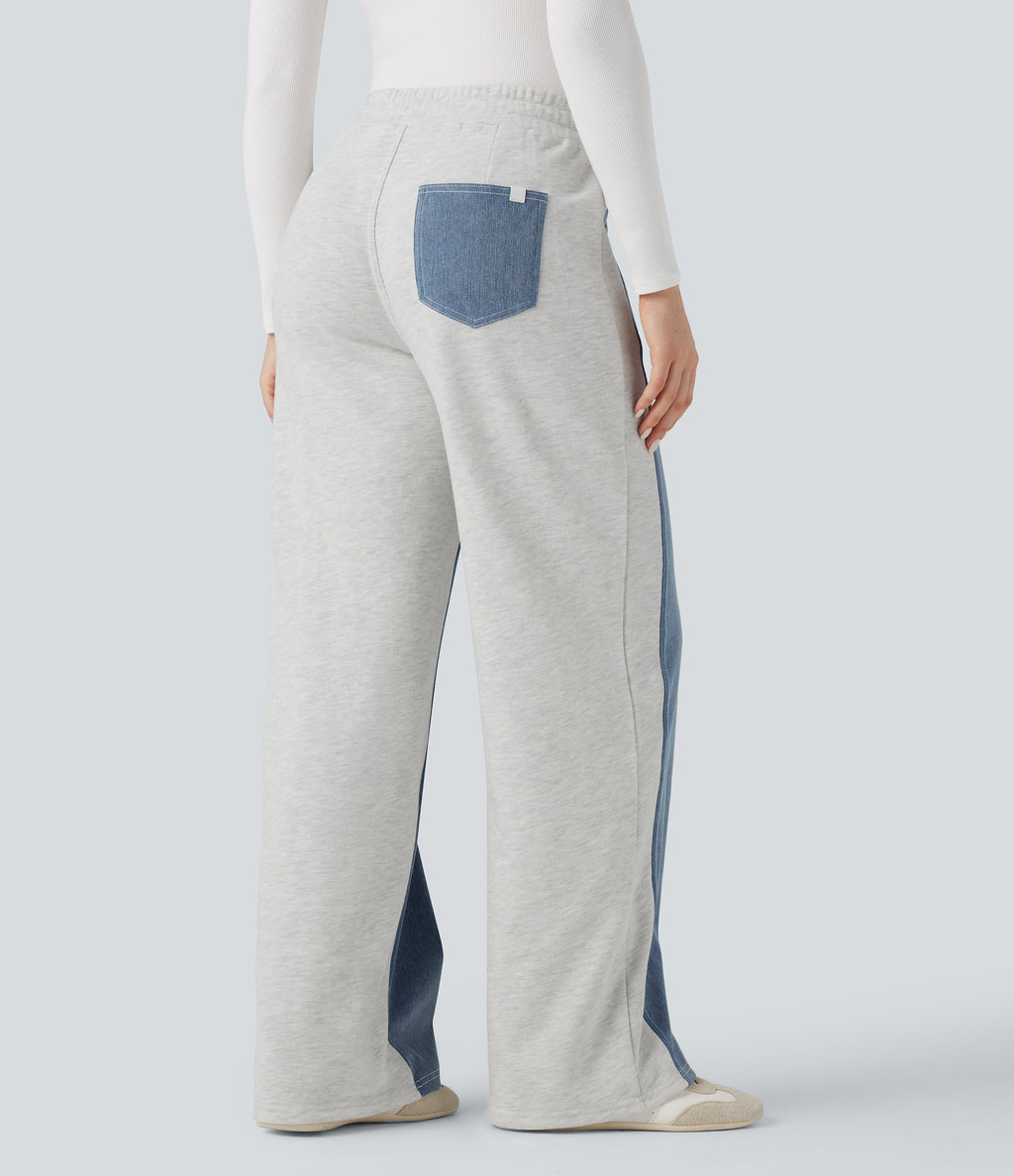High-waisted Drawstring Color Block Casual Wide-leg Jogger Jeans with Pockets — Powder Blue Denim — view 2