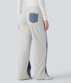 High-waisted Drawstring Color Block Casual Wide-leg Jogger Jeans with Pockets — Powder Blue Denim — view 2