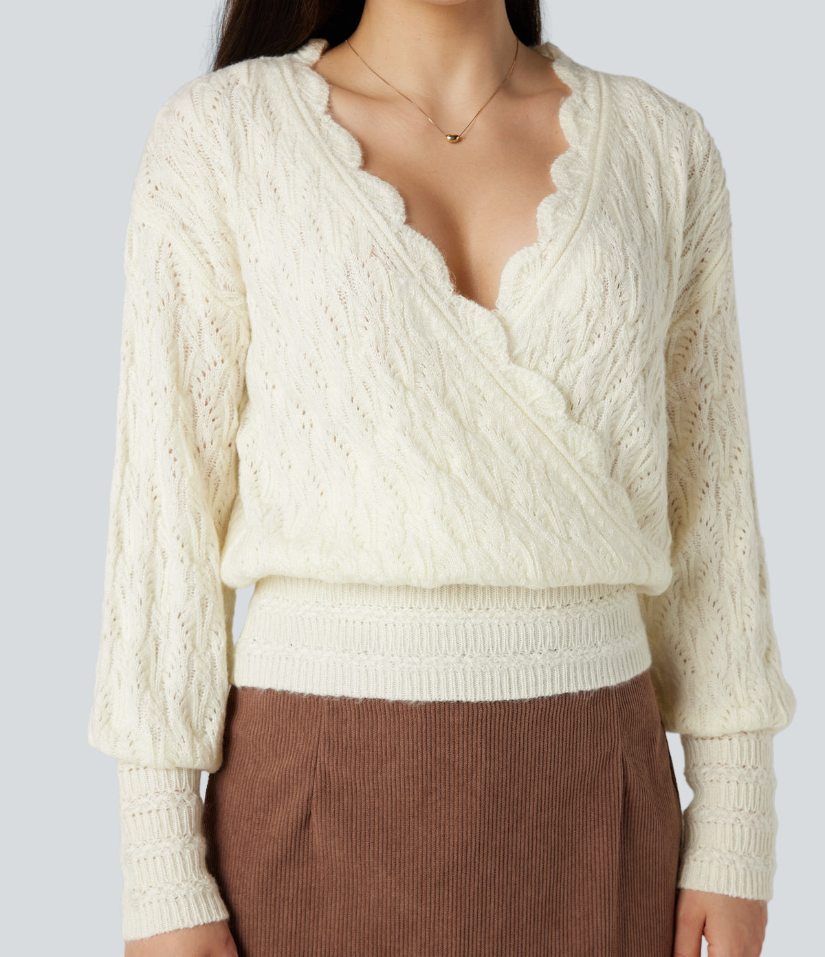 V Neck Long Sleeve Wrapped Casual Jumper — Antique White — view 4