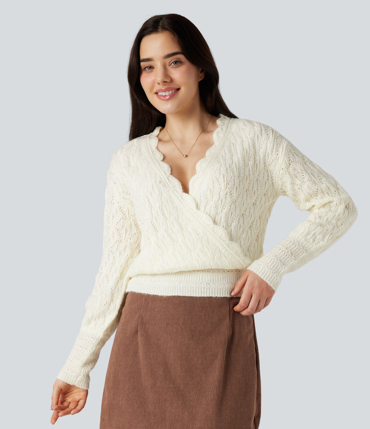 V Neck Long Sleeve Wrapped Casual Jumper — Antique White — view 1