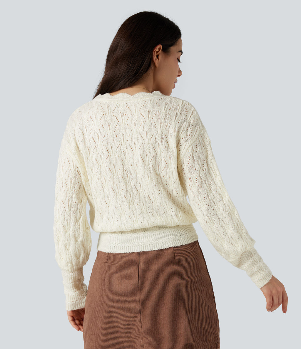 V Neck Long Sleeve Wrapped Casual Jumper — Antique White — view 2