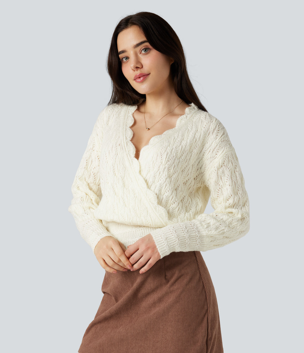 V Neck Long Sleeve Wrapped Casual Jumper — Antique White — view 3