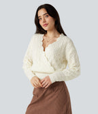 V Neck Long Sleeve Wrapped Casual Jumper — Antique White — view 3