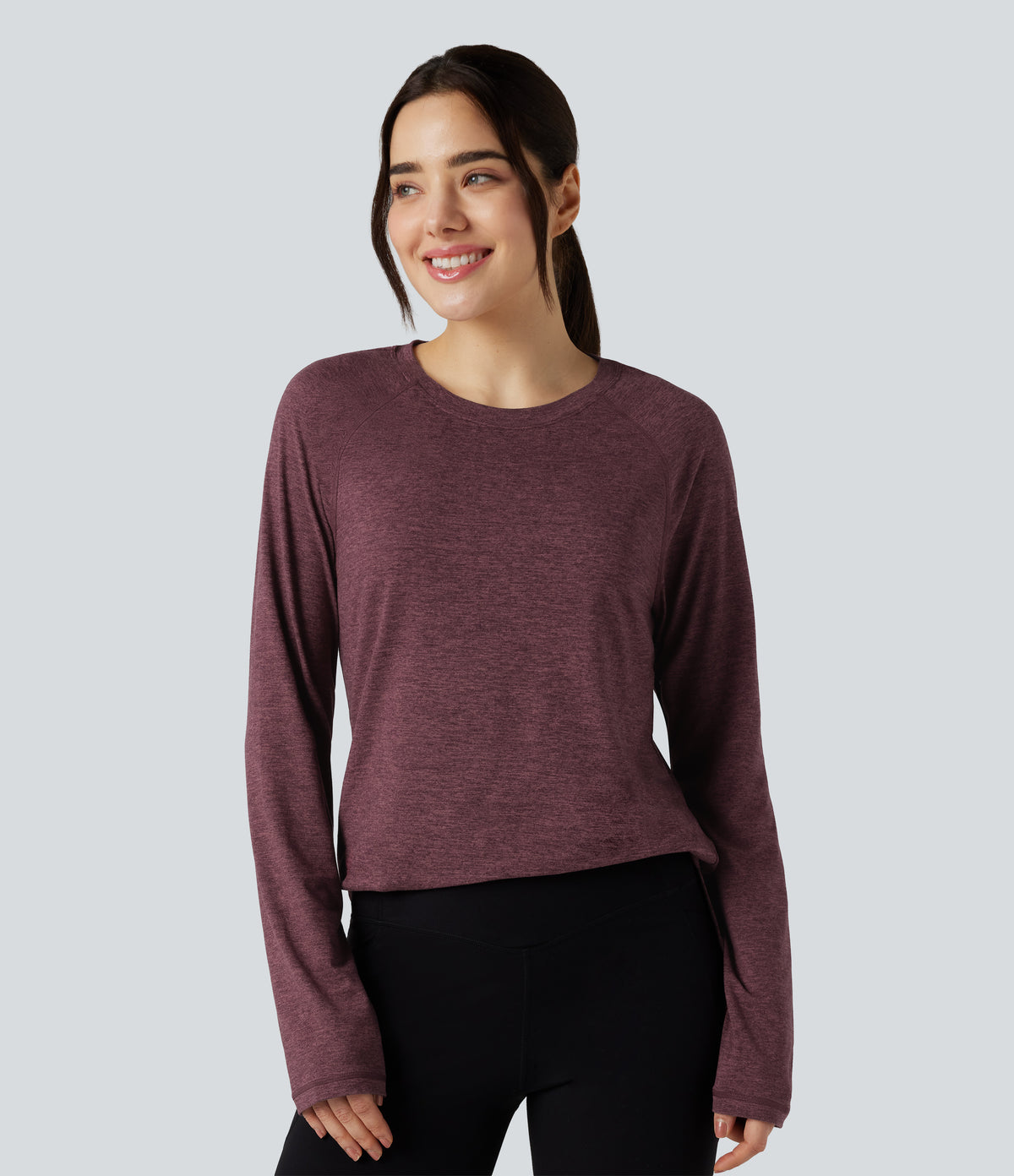 Skin Friendly Round Neck Raglan Long Sleeve Split Hem Casual T-Shirt — Evening Red — view 4