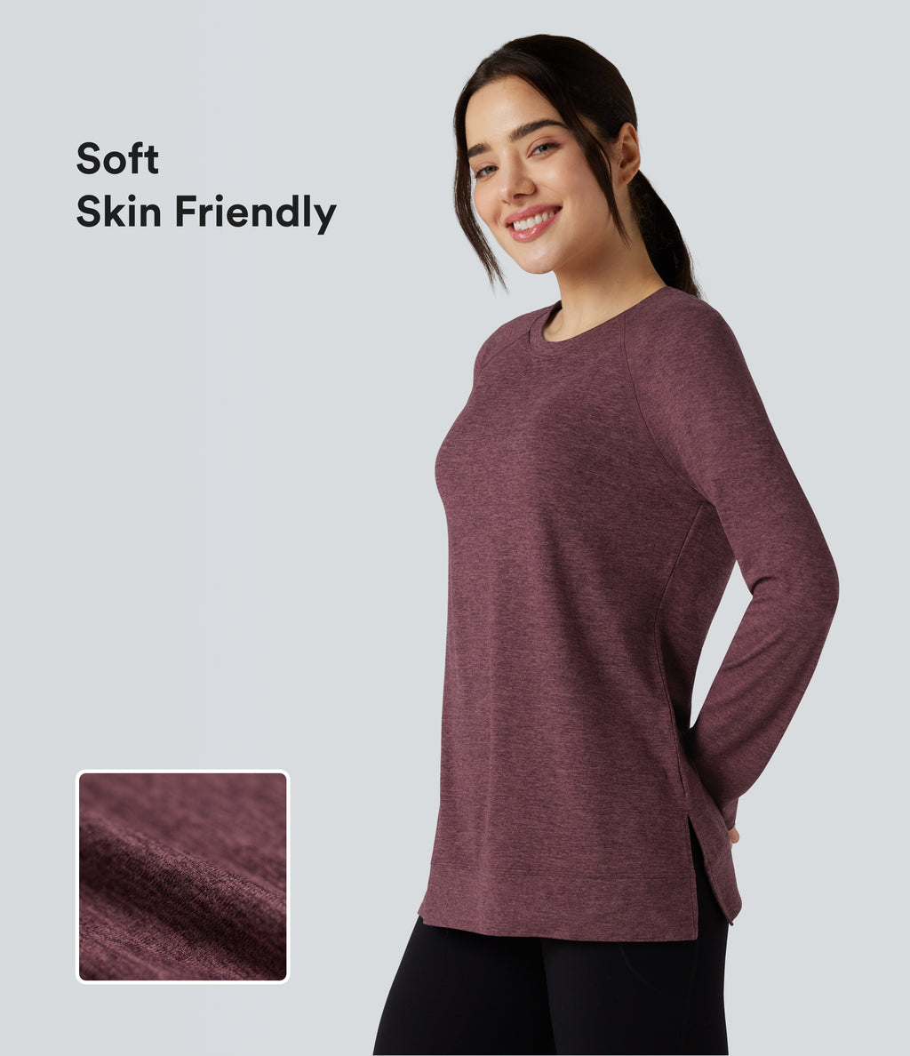 Skin Friendly Round Neck Raglan Long Sleeve Split Hem Casual T-Shirt — Evening Red — view 1