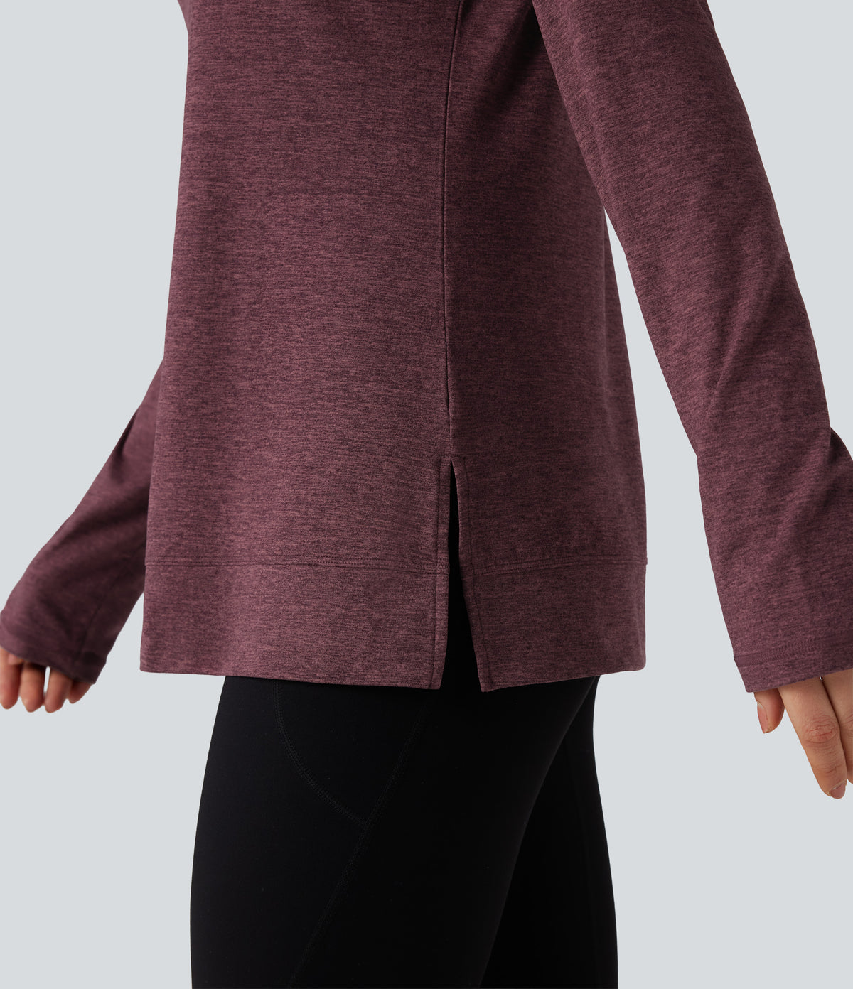 Skin Friendly Round Neck Raglan Long Sleeve Split Hem Casual T-Shirt — Evening Red — view 6