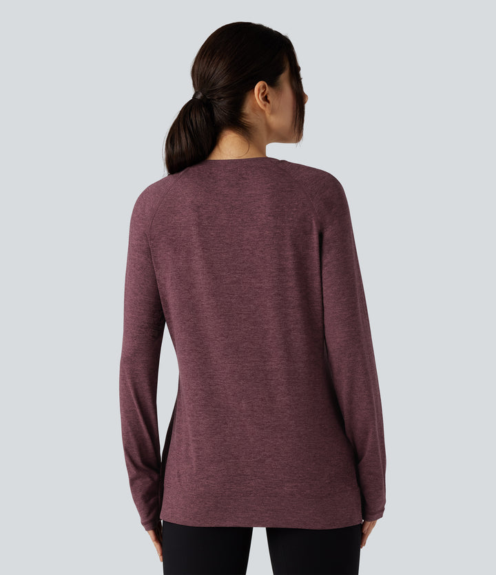 Skin Friendly Round Neck Raglan Long Sleeve Split Hem Casual T-Shirt — Evening Red — view 2