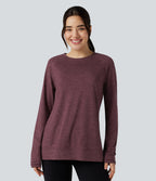 Skin Friendly Round Neck Raglan Long Sleeve Split Hem Casual T-Shirt — Evening Red — view 3