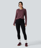 Skin Friendly Round Neck Raglan Long Sleeve Split Hem Casual T-Shirt — Evening Red — view 7