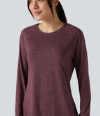 Skin Friendly Round Neck Raglan Long Sleeve Split Hem Casual T-Shirt — Evening Red — view 5