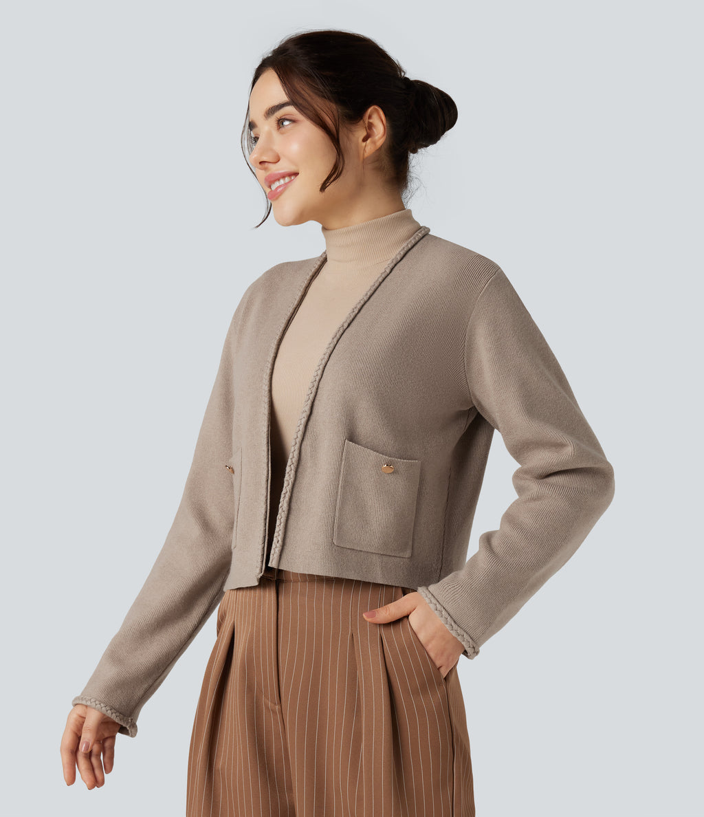 Long Sleeve Open Front Work Cardigan with Pockets — Mocha Meringue — view 3