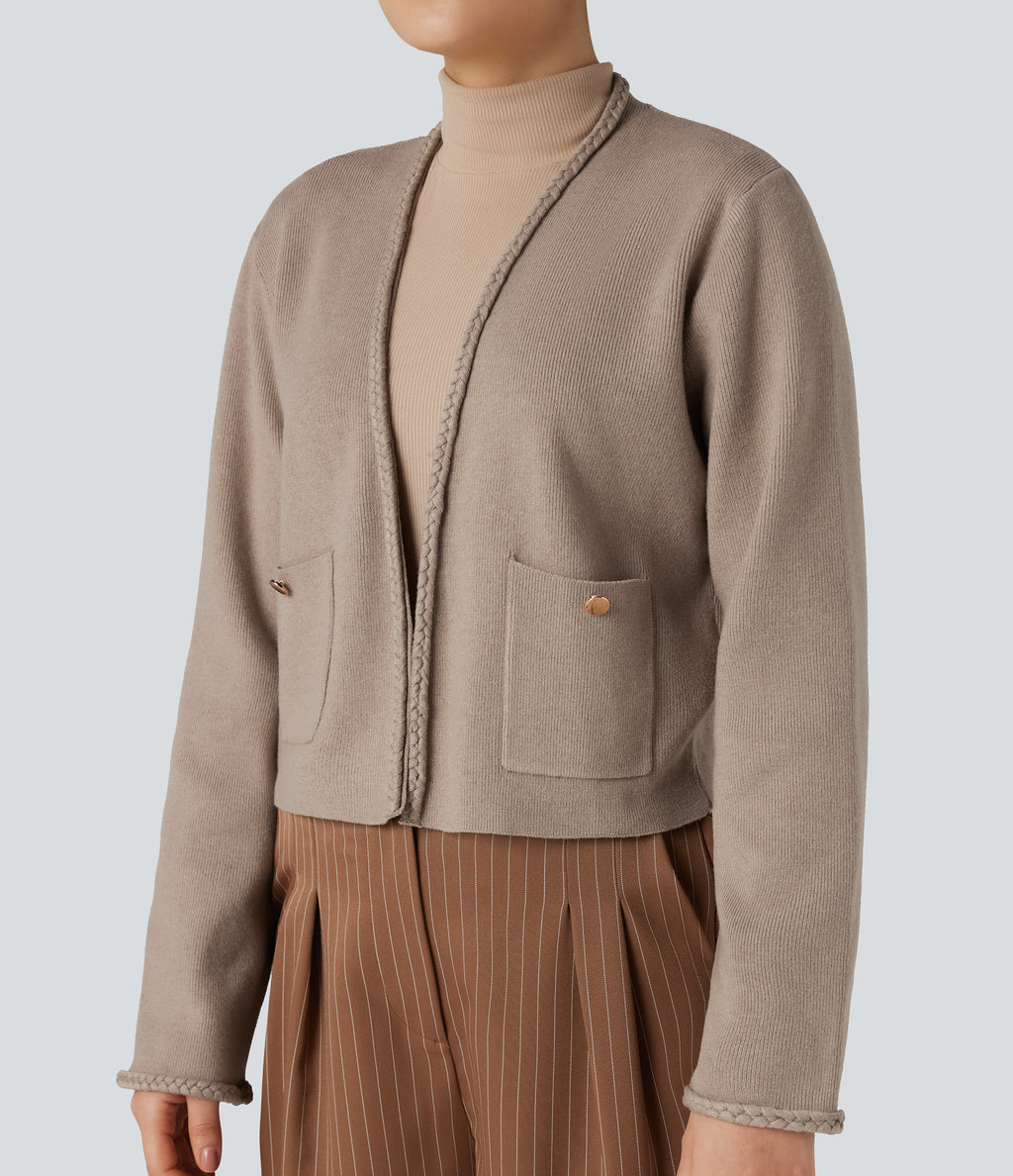 Long Sleeve Open Front Work Cardigan with Pockets — Mocha Meringue — view 4