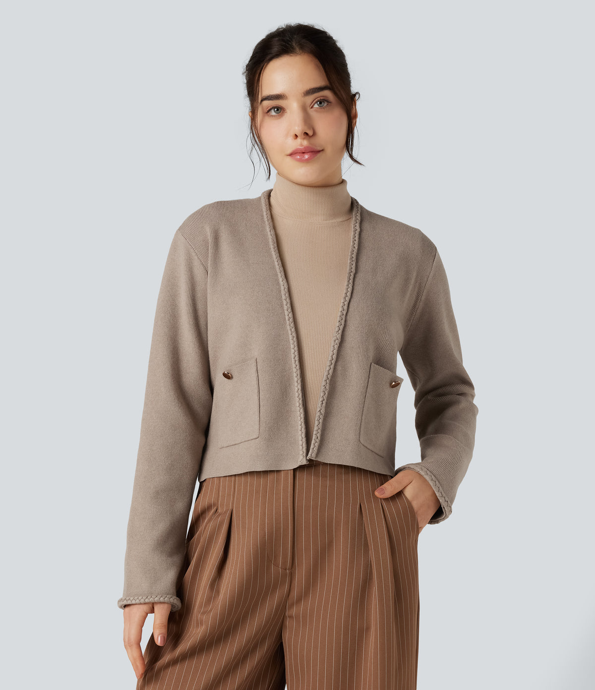 Long Sleeve Open Front Work Cardigan with Pockets — Mocha Meringue — view 1