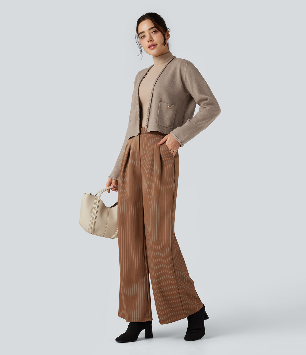 Long Sleeve Open Front Work Cardigan with Pockets — Mocha Meringue — view 6
