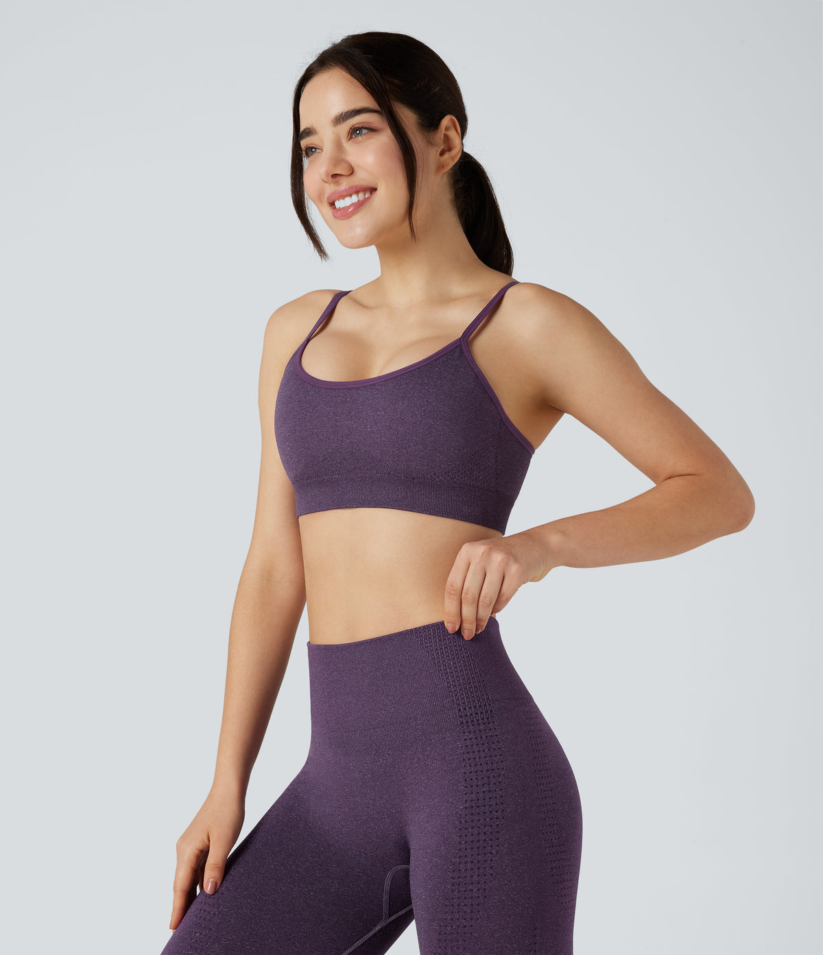 OneForm Seamless Flow Light Support U-Neck Yoga Sports Bra — Grape Jam — view 3