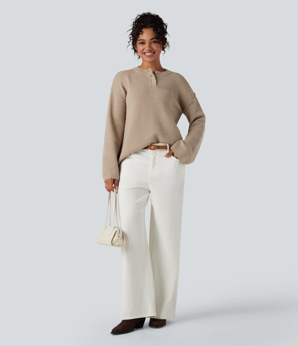 Henley Neck Long Sleeve Waffle Casual Jumper — Cement — view 6