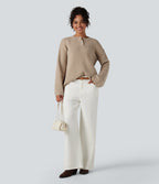 Henley Neck Long Sleeve Waffle Casual Jumper — Cement — view 6