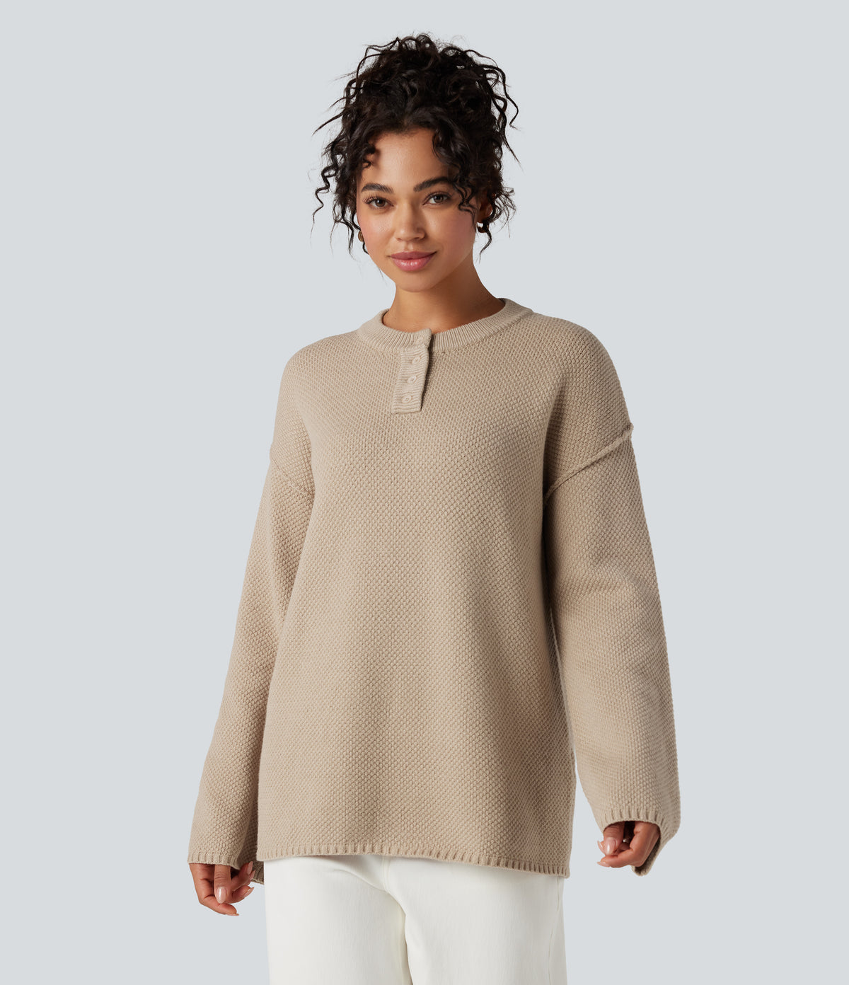 Henley Neck Long Sleeve Waffle Casual Jumper — Cement — view 5