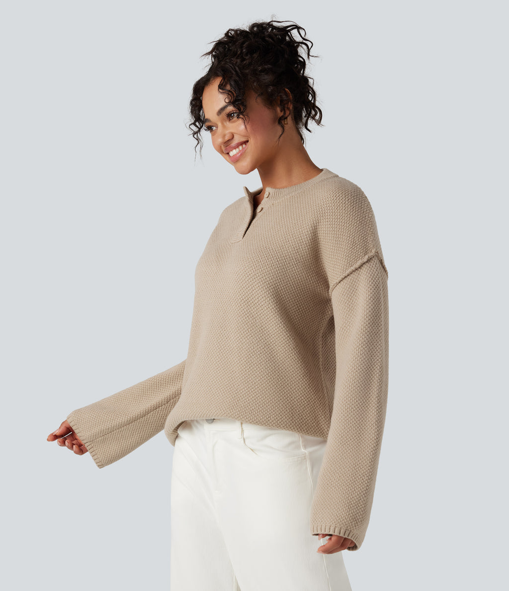 Henley Neck Long Sleeve Waffle Casual Jumper — Cement — view 3