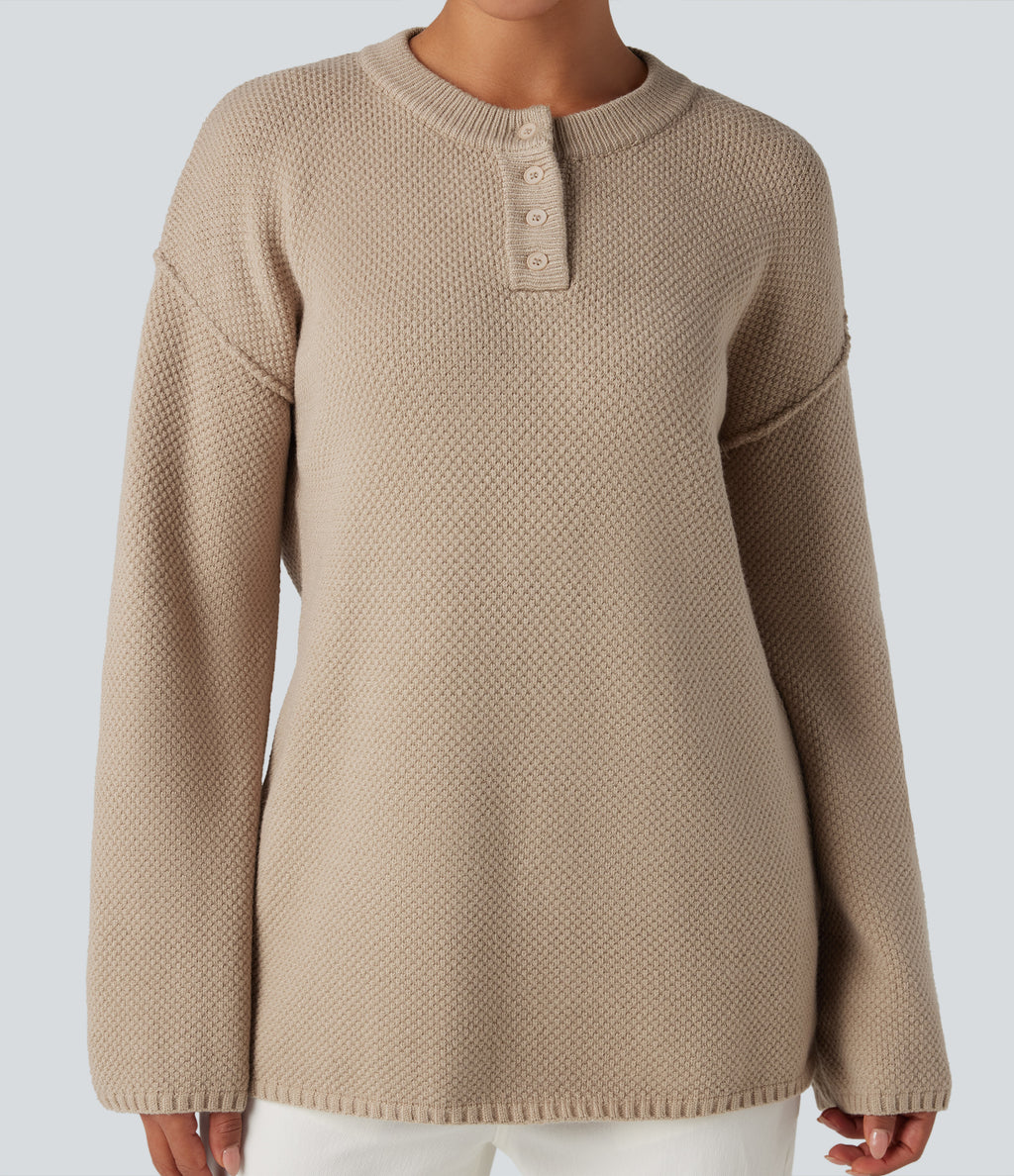Henley Neck Long Sleeve Waffle Casual Jumper — Cement — view 4