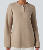 Henley Neck Long Sleeve Waffle Casual Jumper — Cement — view 4