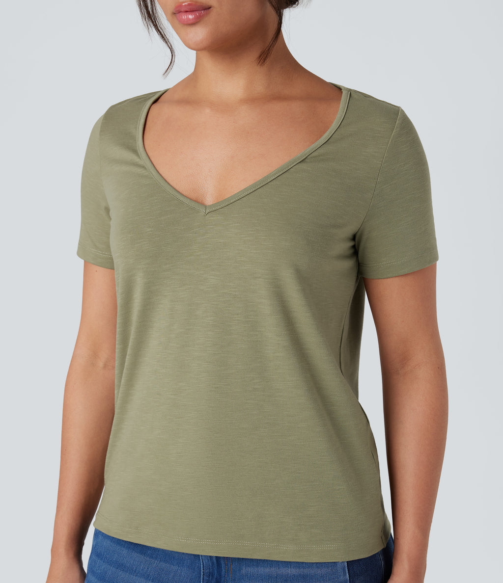 V-Neck Short Sleeve Casual Top — Fresh Grass Green — view 4