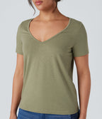 V-Neck Short Sleeve Casual Top — Fresh Grass Green — view 4
