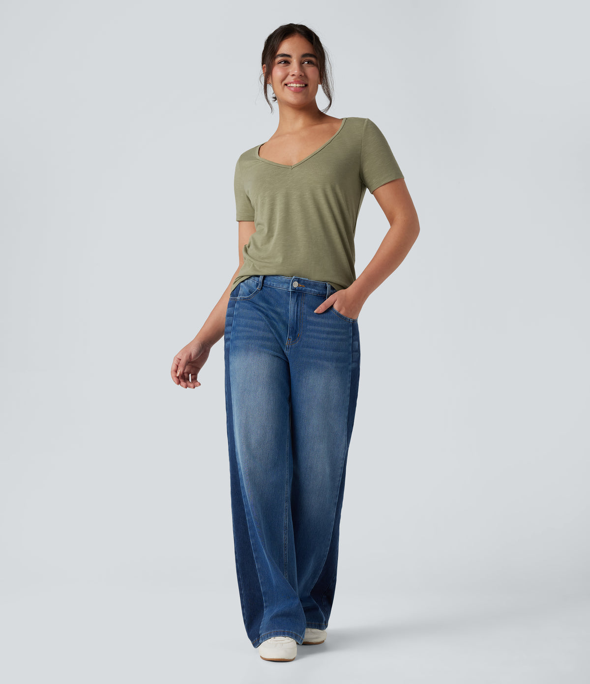 V-Neck Short Sleeve Casual Top — Fresh Grass Green — view 6