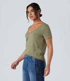V-Neck Short Sleeve Casual Top — Fresh Grass Green — view 3