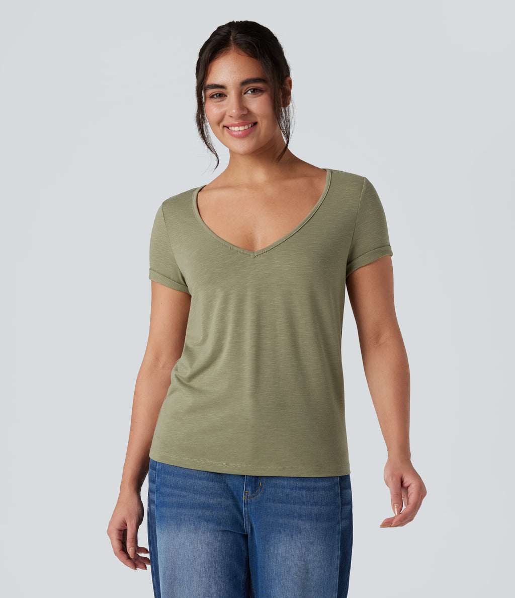 V-Neck Short Sleeve Casual Top — Fresh Grass Green — view 5