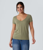 V-Neck Short Sleeve Casual Top — Fresh Grass Green — view 5