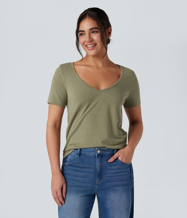 V-Neck Short Sleeve Casual Top — Fresh Grass Green — view 1