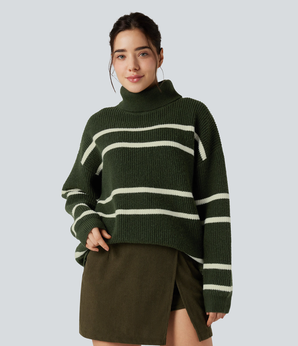 High Neck Long Sleeve Color Block Casual Jumper — Into the Woods - Forest Green — view 4