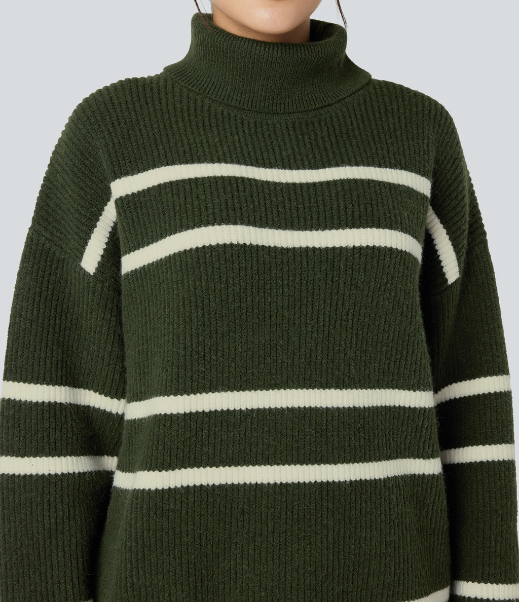 High Neck Long Sleeve Color Block Casual Jumper — Into the Woods - Forest Green — view 5