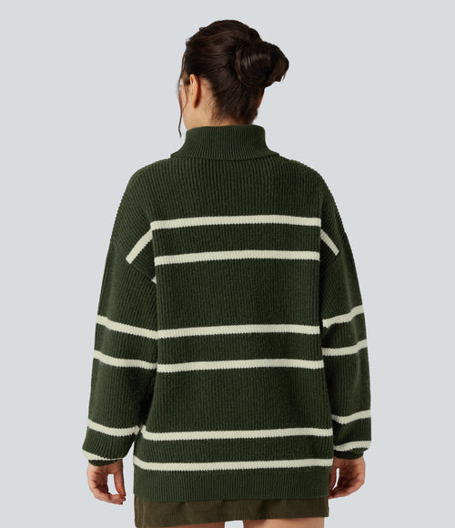 High Neck Long Sleeve Color Block Casual Jumper — Into the Woods - Forest Green — view 2