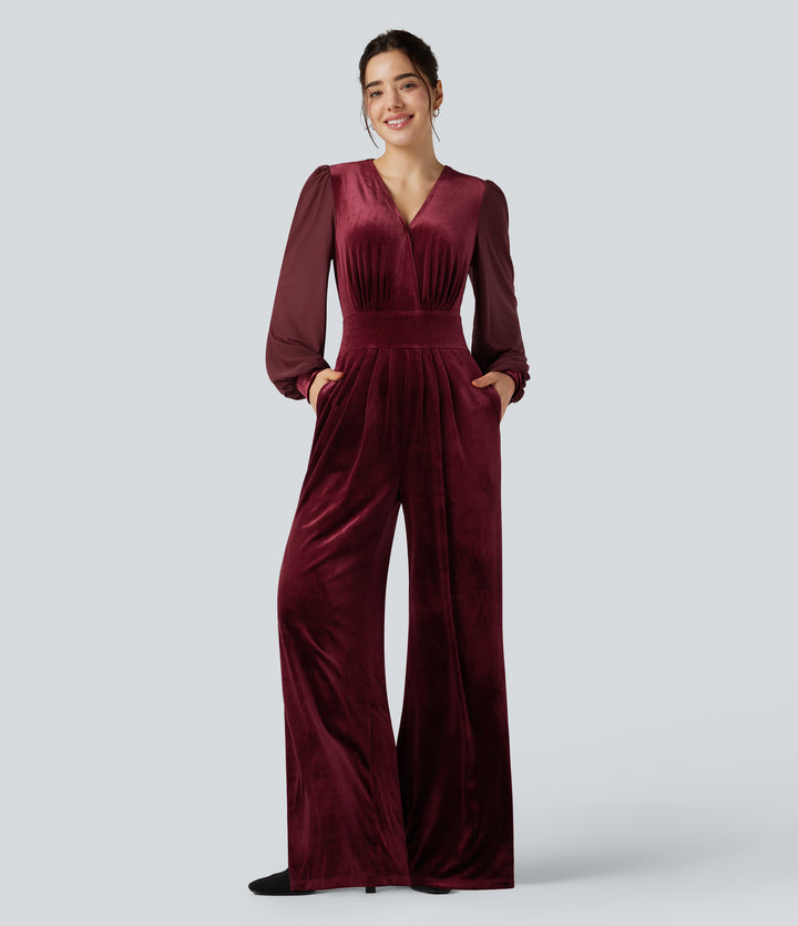 V-neck Puff Long Sleeve Contrast Mesh Velvet Party Jumpsuit with Pockets — Deep Wine — view 1