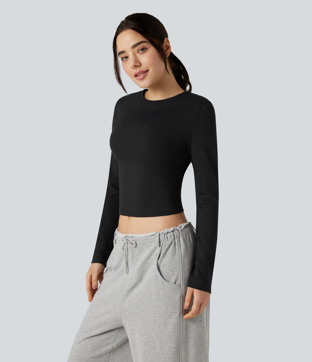 Round Neck Long Sleeve Slim Cropped Casual Baby Tee — Black — view 6