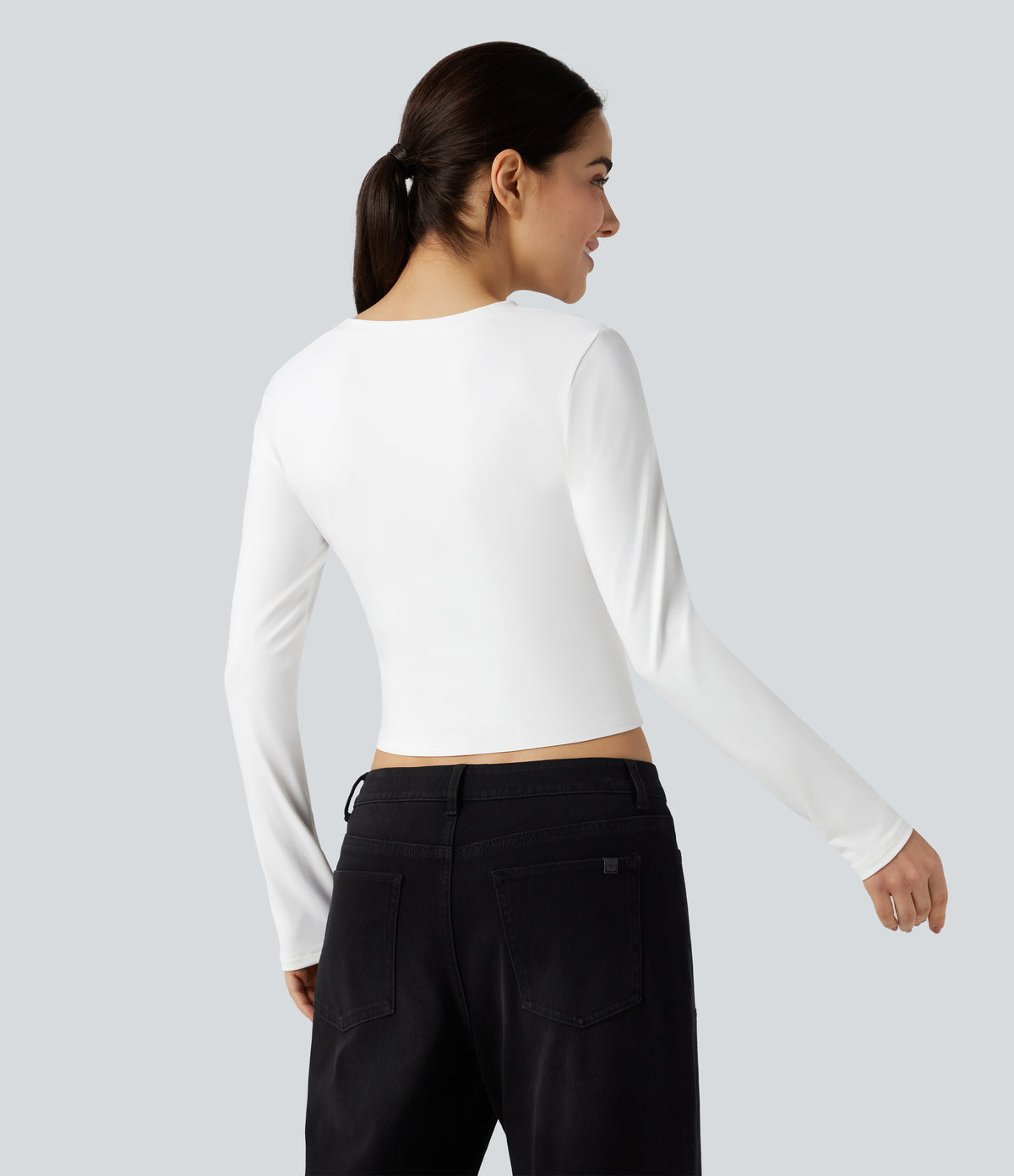 Round Neck Long Sleeve Slim Cropped Casual Baby Tee — White — view 2
