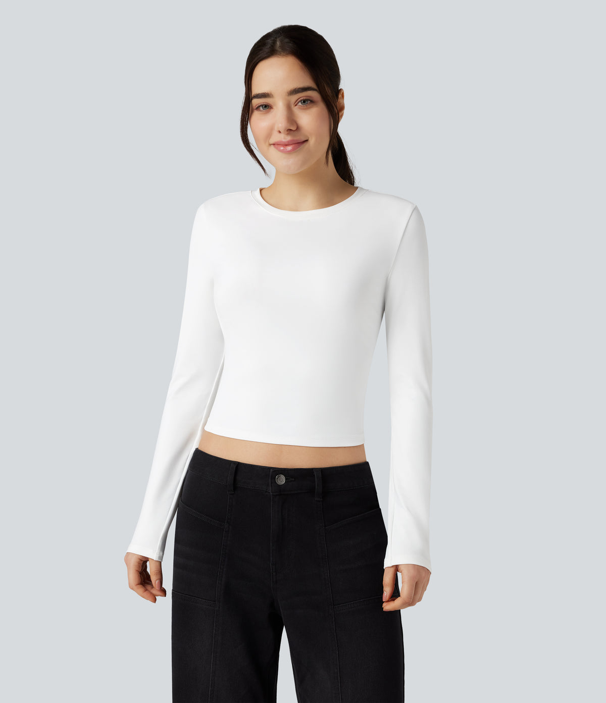 Round Neck Long Sleeve Slim Cropped Casual Baby Tee — White — view 3