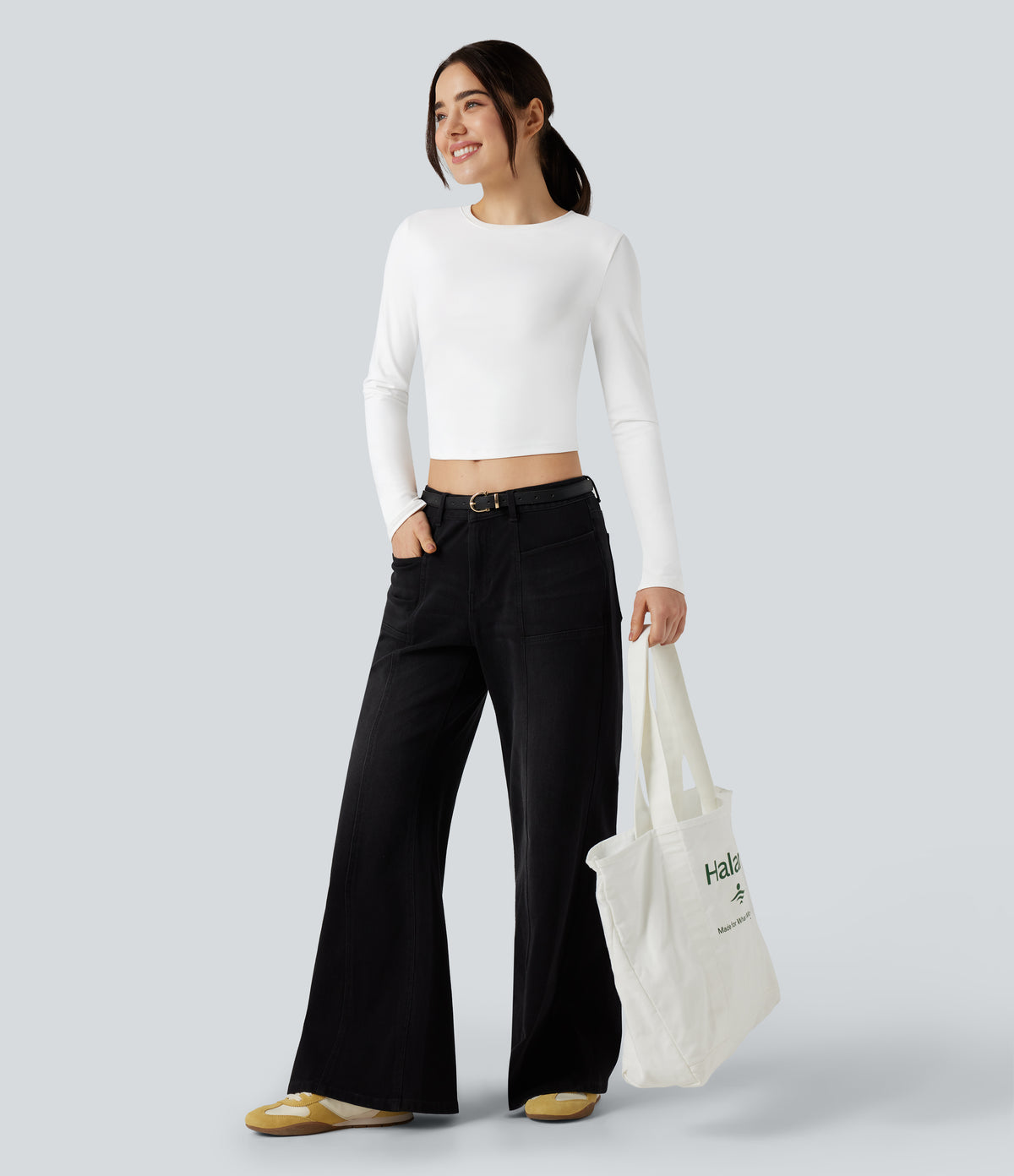 Round Neck Long Sleeve Slim Cropped Casual Baby Tee — White — view 5