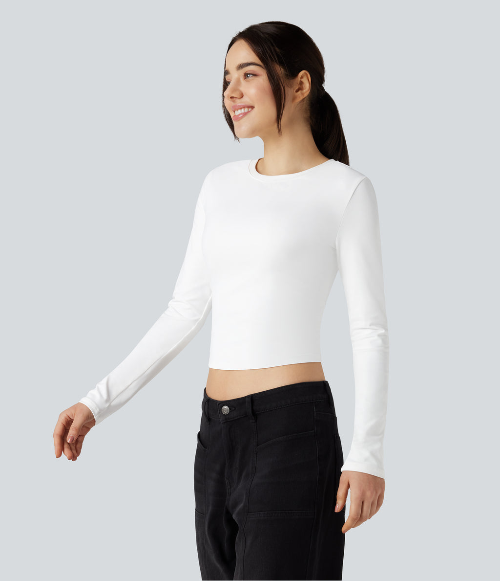 Round Neck Long Sleeve Slim Cropped Casual Baby Tee — White — view 1