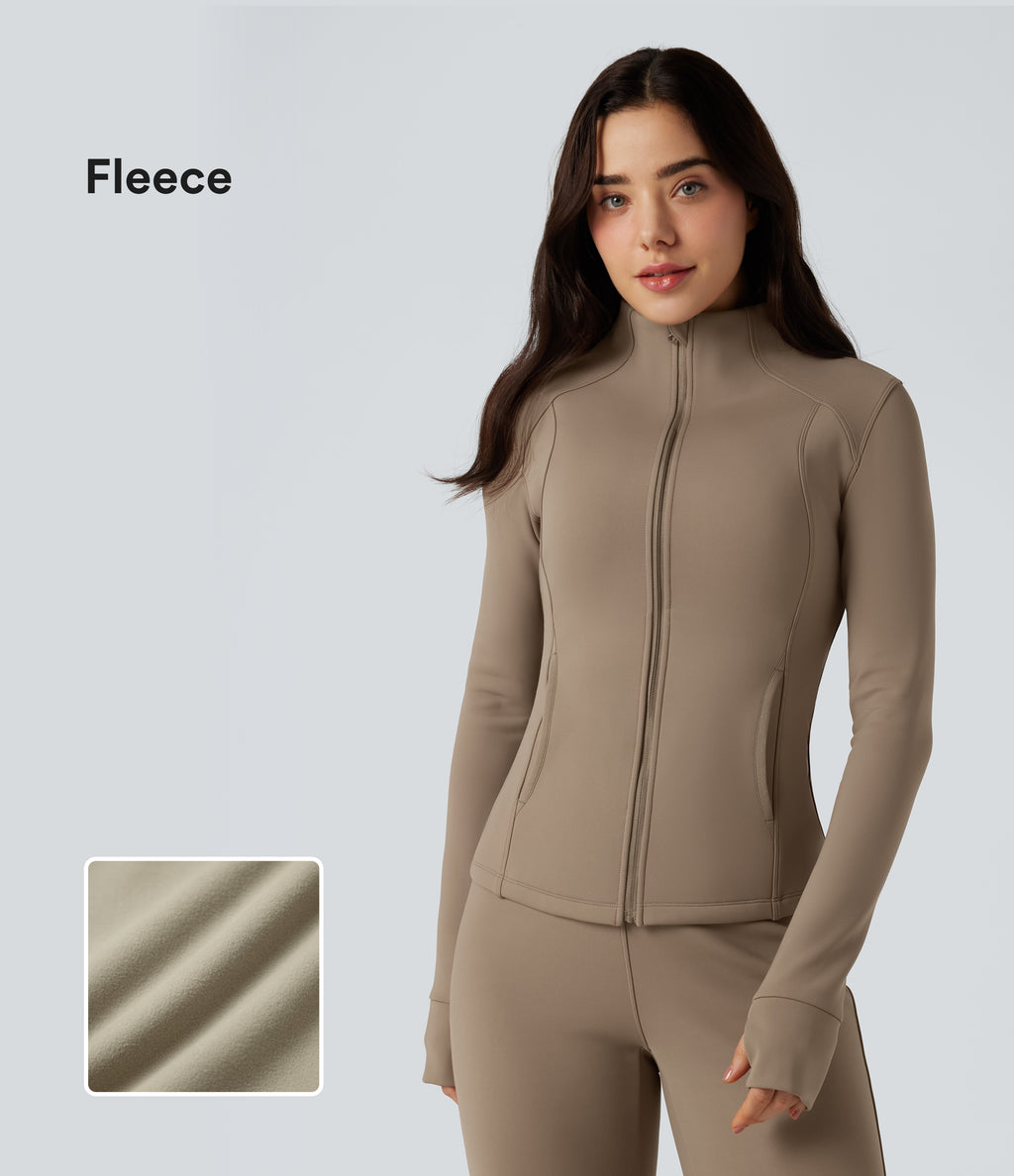 Long Sleeve Thumb Hole Fleece Workout Jacket with Pockets — Khaki Brown — view 1