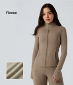 Long Sleeve Thumb Hole Fleece Workout Jacket with Pockets — Khaki Brown — view 1